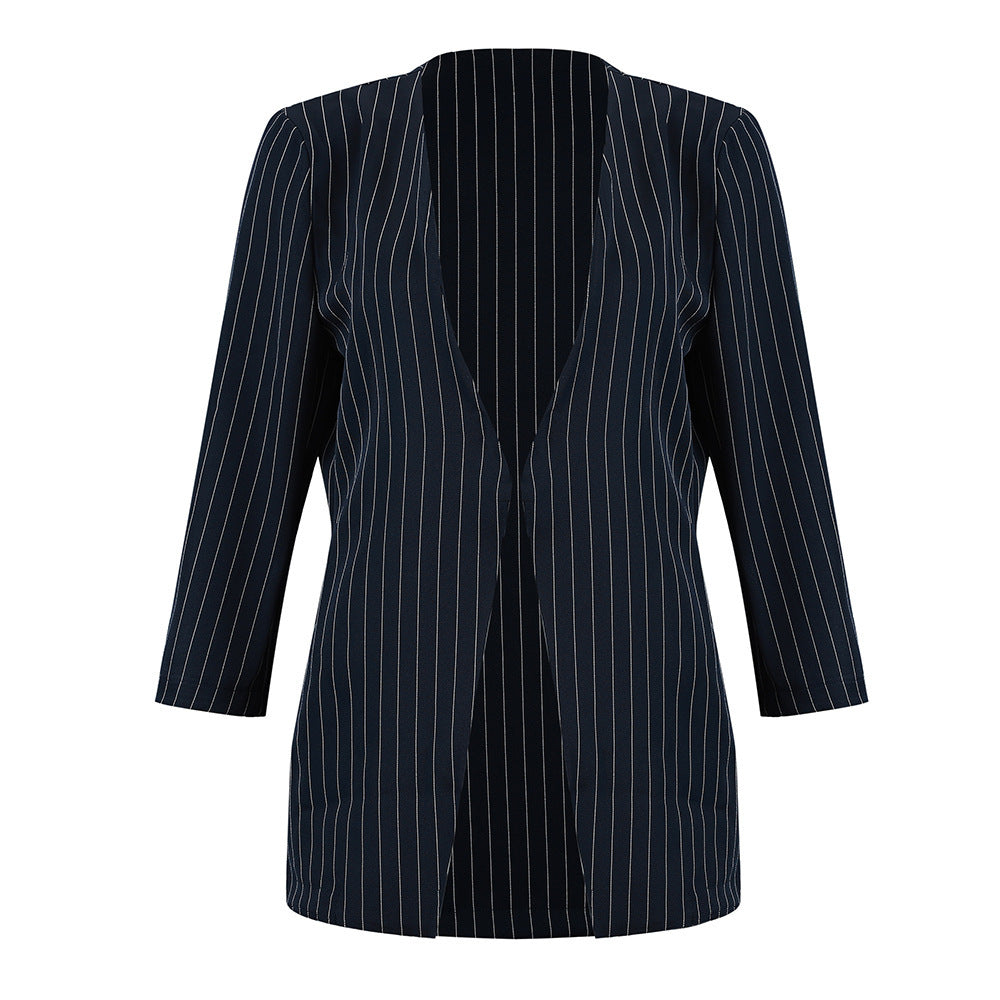 Chic British Striped Denim Blazer – Smart Casual Women’s Style