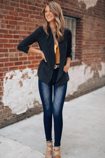 Chic British Striped Denim Blazer – Smart Casual Women’s Style