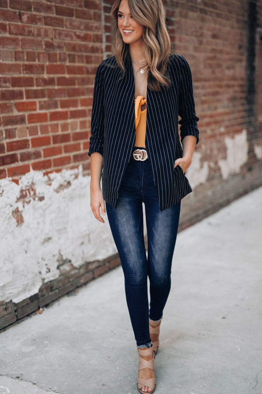 Chic British Striped Denim Blazer – Smart Casual Women’s Style