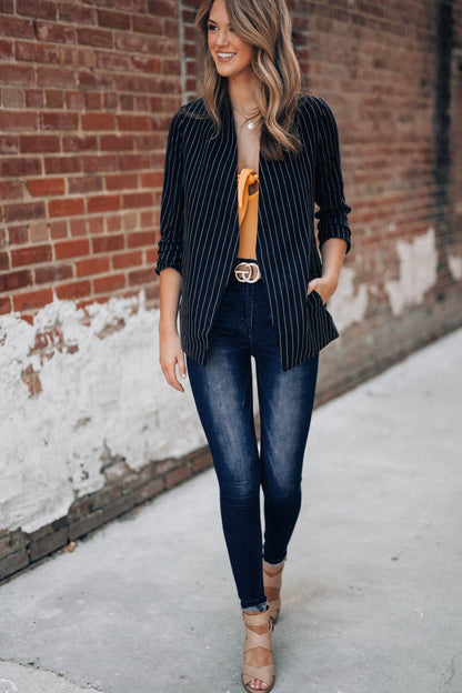 Chic British Striped Denim Blazer – Smart Casual Women’s Style
