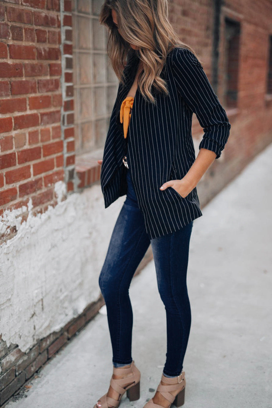 Chic British Striped Denim Blazer – Smart Casual Women’s Style