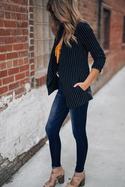 Chic British Striped Denim Blazer – Smart Casual Women’s Style