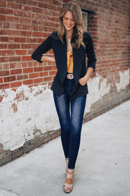 Chic British Striped Denim Blazer – Smart Casual Women’s Style