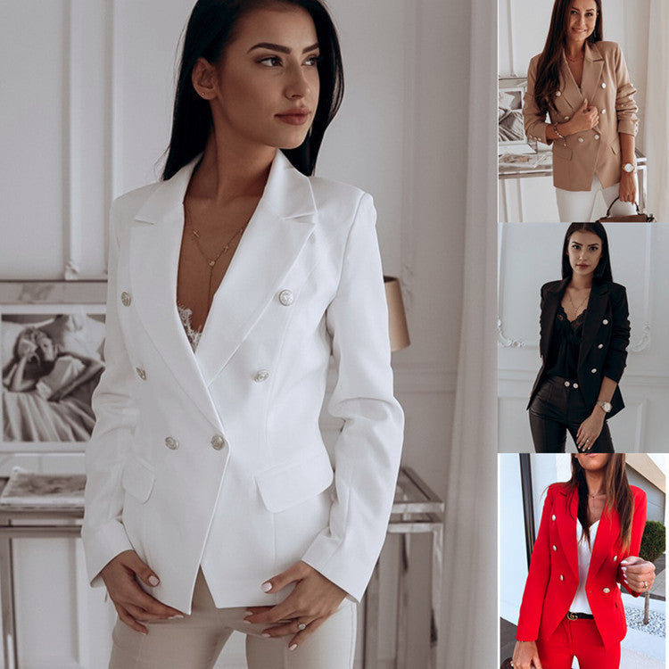 Fashionable Double-Breasted Blazer – Modern Metal Button Design for Women