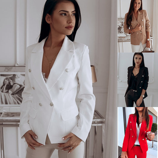 Fashionable Double-Breasted Blazer – Modern Metal Button Design for Women