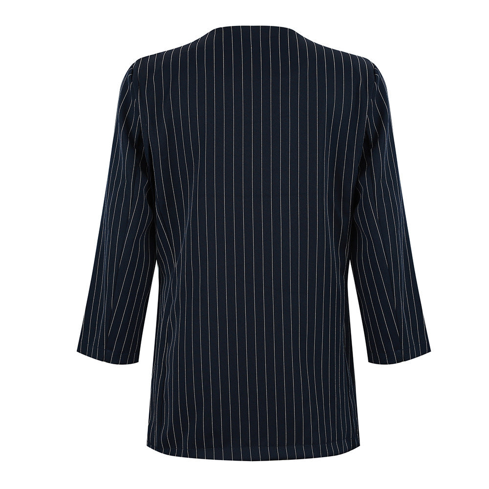 Chic British Striped Denim Blazer – Smart Casual Women’s Style