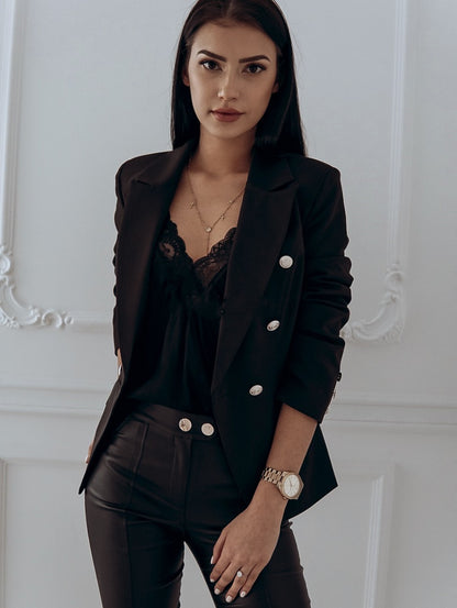 Fashionable Double-Breasted Blazer – Modern Metal Button Design for Women