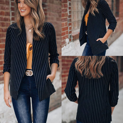 Chic British Striped Denim Blazer – Smart Casual Women’s Style