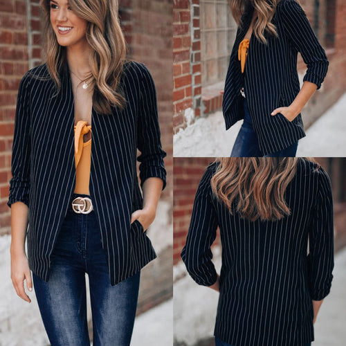 Chic British Striped Denim Blazer – Smart Casual Women’s Style