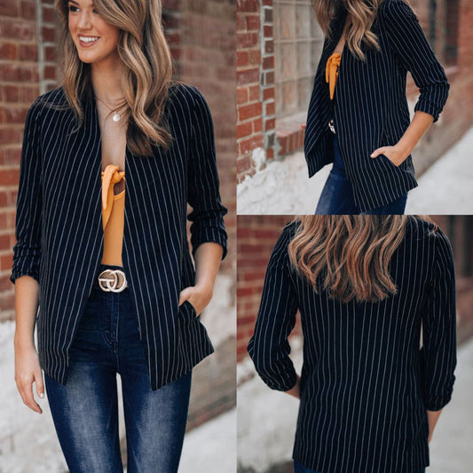 Chic British Striped Denim Blazer – Smart Casual Women’s Style