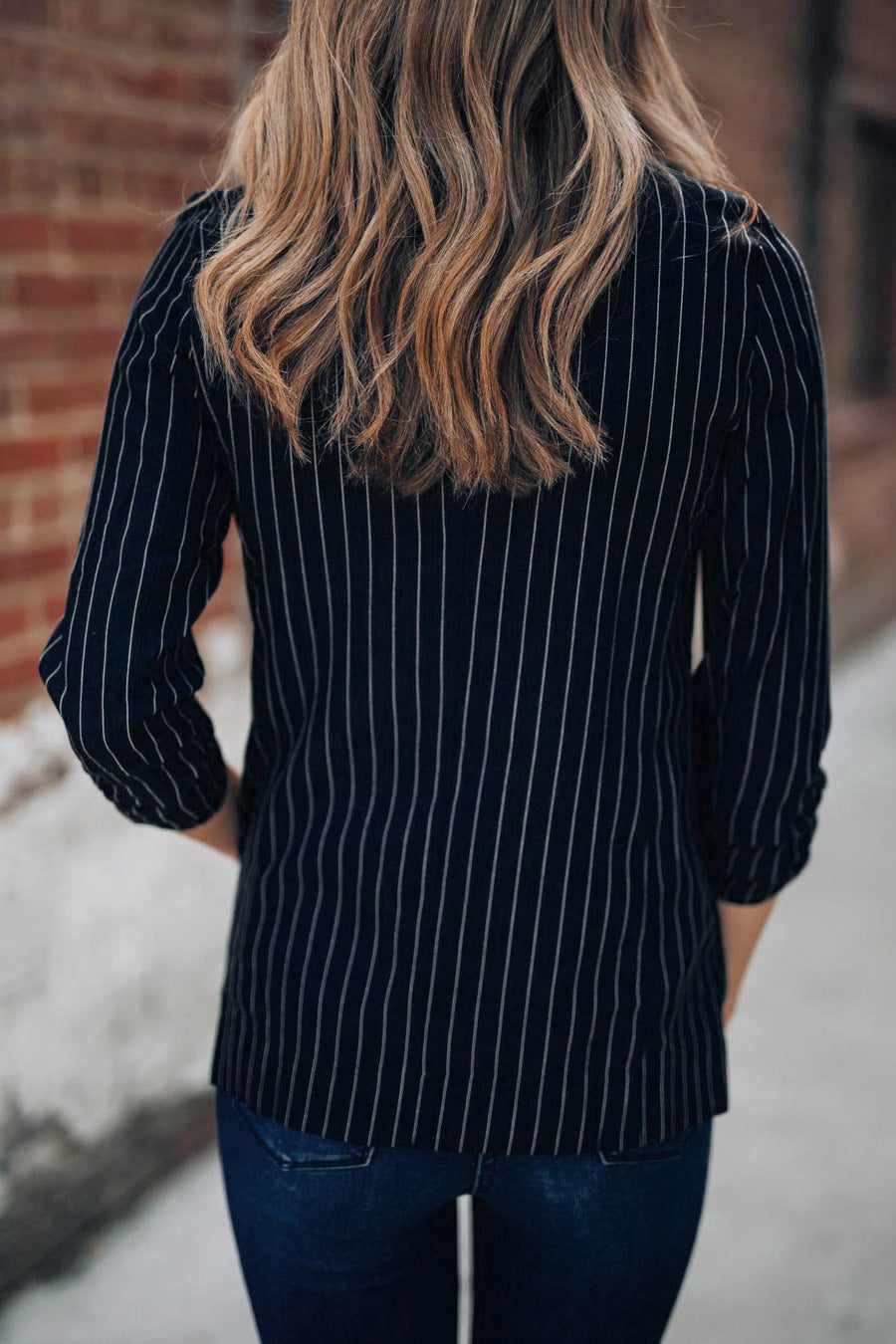 Chic British Striped Denim Blazer – Smart Casual Women’s Style