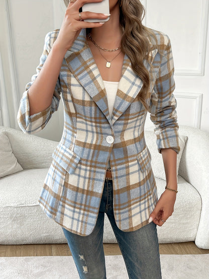 Elegant Plaid Women’s Blazer – Stylish Button Front Lapel Jacket