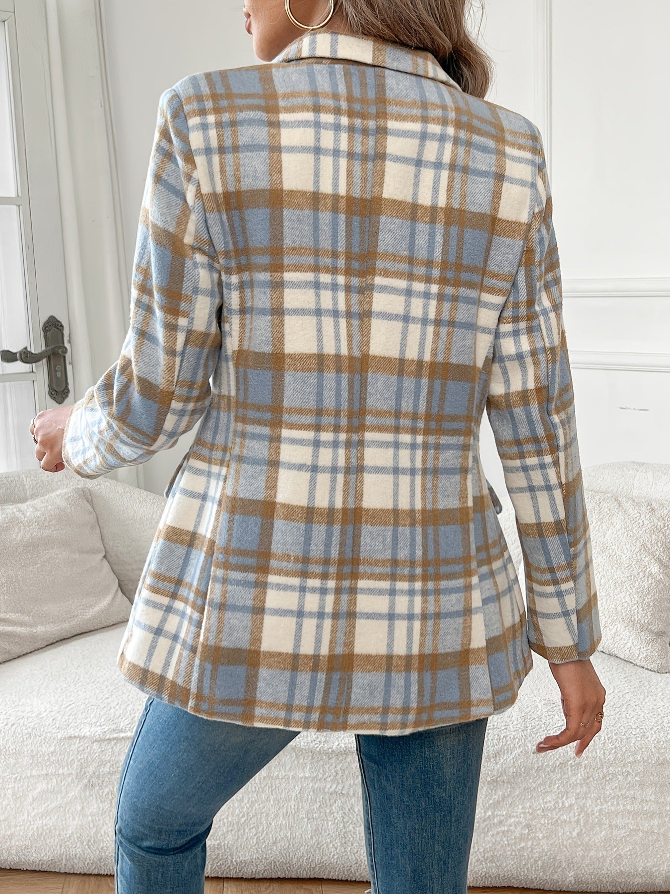Elegant Plaid Women’s Blazer – Stylish Button Front Lapel Jacket