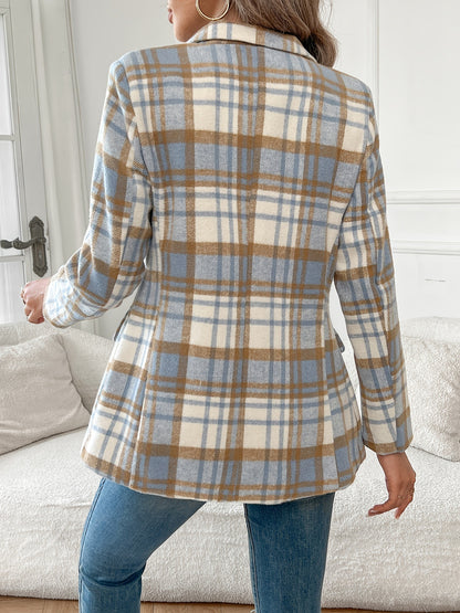 Elegant Plaid Women’s Blazer – Stylish Button Front Lapel Jacket